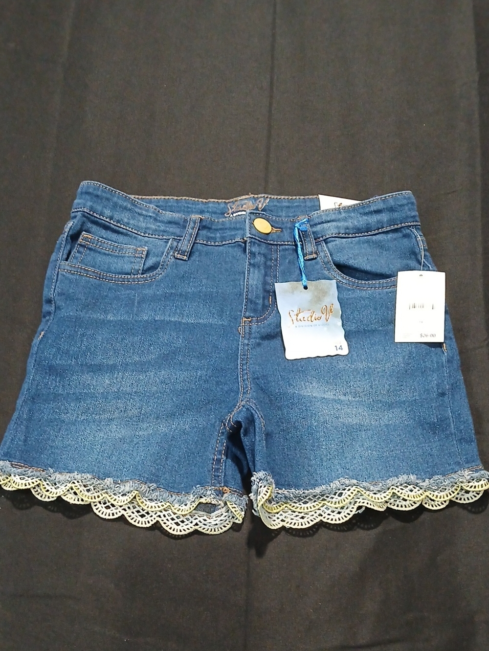 Studio V Blue Denim Shorts with Scalloped Lace Hem